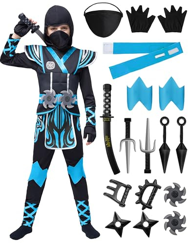 Spooktacular Creations Costume de ninja bleu pour enfant, ensemble de tenues de ninja pour garçon, déguisement d'Halloween pour fêtes à thème pour tout-petits (grand, 10-12 ans)