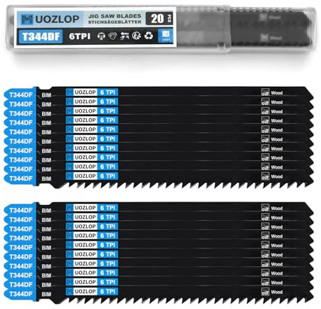 MUOZLOP 20 st. T344DF sticksågsblad, T-skaft sticksågblad set med förvaringsfodral för trä, sågblad sticksåg tillbehör (20 stycken T344DF)