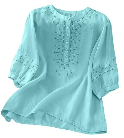 Top Ricamati per Le Donne, Maglietta Tunica in Cotone e Lino Floreale, Maniche a 3/4, Scollo a V, Bottoni, Etnico Abbigliamento Abiti Corti (Blue-f, M)