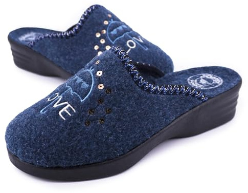 JOMIX Pantofole Donna Invernali Ortopediche con Zeppa Ciabatte Anatomiche Feltro Calde con Paillettes Cuore Ciabatte Ergonomiche Inverno da Casa Comode per Signora e Anziana ITD2432 Blu 39