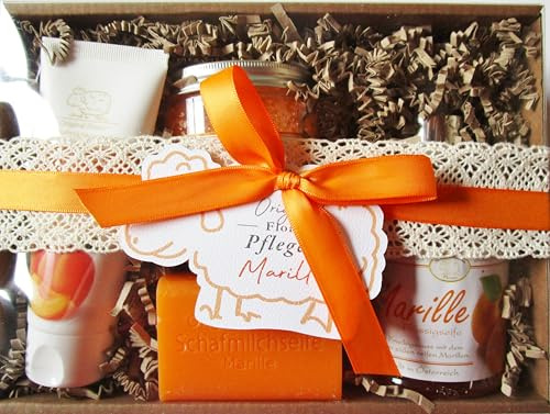 Geschenkset Marille mit 100g Schafmilchseife, 75ml Handcreme, 300g Badesalz und 250 ml Flüssigseife in schöner Geschenkbox