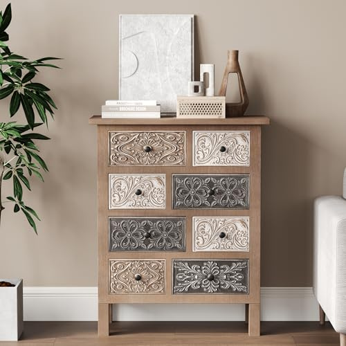COSIEST Vintage Accent Cabinet with 8 Hand-Carved Drawers, Boho Rustic Wood Storage Chest, Fully Assembled Distressed Apothecary Console for Entryway, Living Room & Bedroom