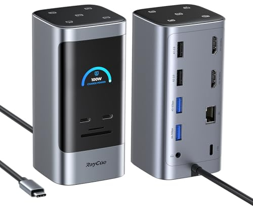 RayCue 14 in 1 Docking Station Dual Monitor, 2 * 4K HDMI, 6 USB Ports, 5 Shortcut Button, 1Gbps Ethernet, PD3.0(No Power Adapter), Laptop Docking Station for Dell/HP/Lenovo/Asus/Acer/Mac