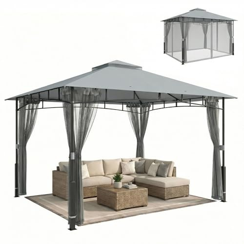 Outsunny Cenador para Jardín 3x3,6 m Gazebo Doble Techo UPF50+ Gris