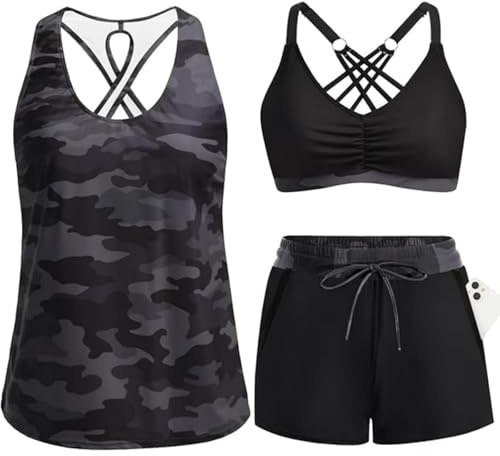 3-delad tankini med shorts, dam magkontroll baddräkt simning linne sport-bh sommar baddräkt för strand pool, Grått, L