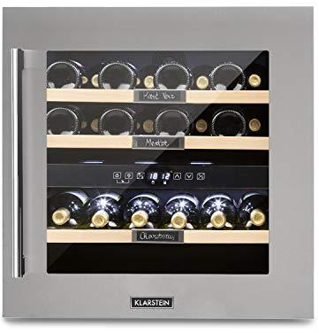 KLARSTEIN Cantinetta Vino Design, Cantinetta Vino Refrigerata a Zona Doppia per Vino Rosso, Bianco e Birra, Controlli Touch, Frigo Vino Cantinetta per Esterno/Interno, 5-22°C, 85L, 36 Bottiglie