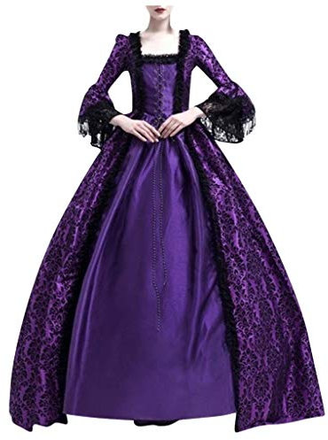 Routefuture Médiéval Déguisement Adulte Maxi Robe Grande Taille Manches évasées Gothique RéTro Dentelle Robes De Bal Halloween Cosplay Costume Carnaval Drame Fête Princess Dress (Violet,5XL)