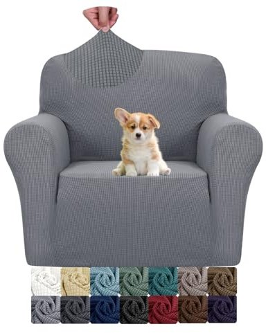 JIVINER Super Stretch Chair Sofa Slipcovers 1-Piece Jacquard Chair Covers for Living Room Soft Anti Slip 1 Seater Couch Furniture Protector Small Checks for Kids Pets (Chair, Light Gray)