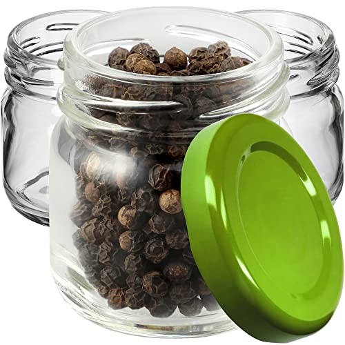 KADAX 10 tarros pequeños de 40 ml con tapa de rosca fi 43 mm, tarros de especias con tapa, tarros de prueba, tarros de mermelada, tarros pequeños de miel (10 unidades, tapa verde)