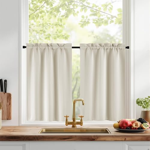 PONY DANCE Tende Oscuranti per Finestre Piccole Tende Corte per Cucina Tendine Finestra a Vetro Blackout Curtains Termiche con Tasca 2 Pezzi 60x45 CM, Beige Chiaro
