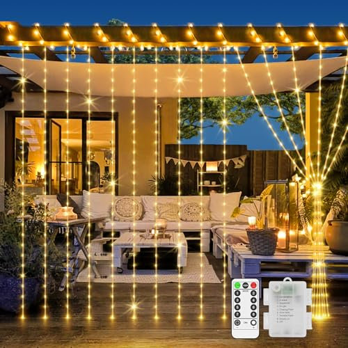 Curtain Fairy Lights Battery Operated, 2m x 2m 200 LED Curtain Christmas Lights Outdoor Window Lights with Remote 8 Modes Timer for Indoor Room Garden Patio Party Wedding Decorations-Warm White