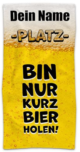 Print Royal PR Personalisiertes Handtuch mit Spruch - Bin nur kurz Bier Holen - mit Name Bedrucken | Badetuch selbst gestalten, Persönliches Geschenk für Männer, Kumpels, Freunde - 100 x 50 cm