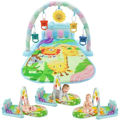Coriver Baby Play Gym, Baby Piano Play Mat with Music Light, Baby Activity Mat with Rattle Toys, Baby Sensory Tummy Time Mat, Baby Play Mat for Infant Newborn Toddlers, Baby Gym Mat 0-6 Months