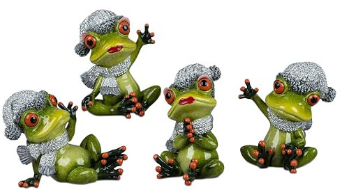 formano 4er Set Winterfrosch Kunststein Deko Figuren 9-11 cm Handbemalte Figur Weihnachtsdeko mit Silber Mütze & Schal Hellgrün Glänzend Froschhausen Frösche Deko glänzend