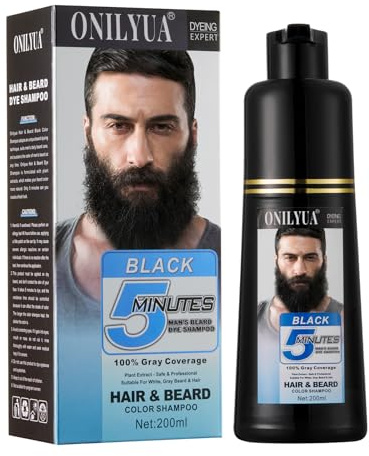 Men's Black Beard Dye, Black Hair Dye for Gray Hair Coverage, 3 in 1 Hair Dye Shampoo, Mustache & Beard Dye for Men, Quick & Easy to Use at Home, Long Lasting Beard Color for Men 200ML