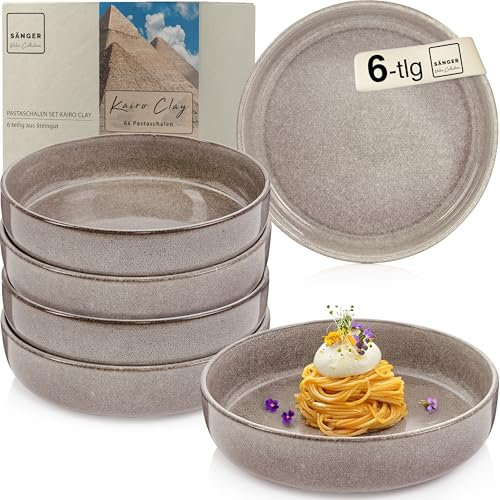Sänger Kairo Clay | Pastaschalen 6 teilig, 6x Nudel Schalen aus Steingut, Schüssel Set spülmaschinenfest mikrowellenfest kratzfest, große Schüssel multifunktional Grau 800 ml | VALUE COLLECTION