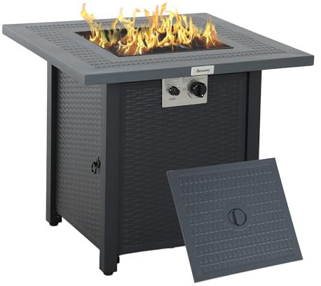 Outsunny Square Propane Gas Fire Pit Table, 40000 BTU Rattan Smokeless Firepit Patio Heater with Lava Rocks and Lid, 71cm x 71cm x 62cm, Dark Grey