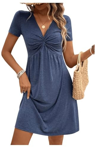 EIRUKON Robe Ete Femme Col V Chic et Elegant Manches Courtes Mini Robe A-Line Décontractée Robes Taille Haute pour Fête Noël Mariage,Bleu,S