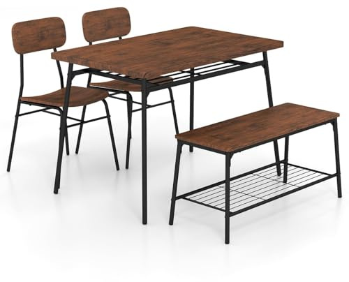 TANGZON Dining Table and 2 Chairs with Bench, Kitchen Table and Chairs Set of 4 with 2 Storage Racks, Metal Frame Dining Room Sets Furniture for Home Restaurant Bistro, Rustic Brown