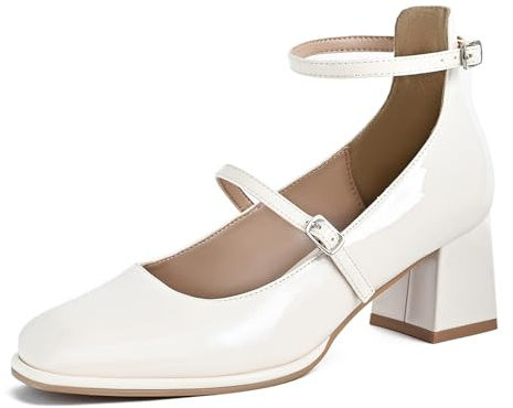 HIPPOSEUS Mary Jane Scarpe da Donna Bianche Blocco Tacco 5cm Retro Elegante Décolleté Punta Tonda con Doppio Cinturino,36 EU