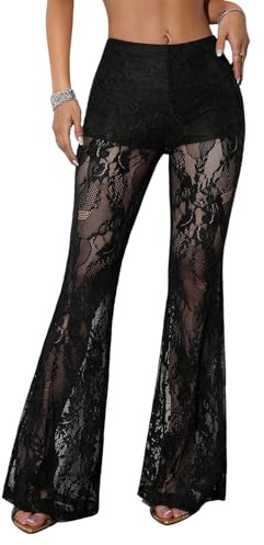 GORGLITTER Pantaloni da donna a vita alta Trasparenti con pizzo Pantaloni eleganti con pizzo Vita elastica con coulisse Pantaloni lunghi Pantaloni da festa Pantaloni a vita bassa, Nero , M