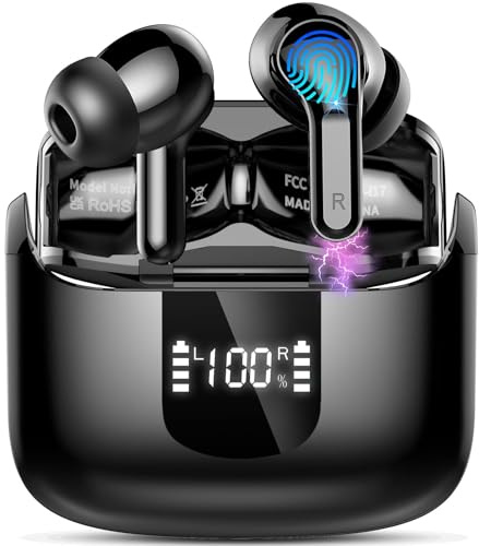Wireless Earbuds, 2025 Bluetooth 5.4 Headphones NEW Ear Buds 40H Bass Stereo in-Ear Earphones ENC Noise Cancelling Earbuds with 4 HD Mic, USB-C LED Display IP7 Waterproof Sport Headset for Android iOS