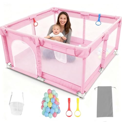 GYCS Gran Parque, Gran Parque con Rejilla De Protección, Parque para Bebés, Gran Parque para Niños, 4 Ventosas, Parque Infantil Bebe con Espuma Anticolisión,Rosado,120x120x60CM
