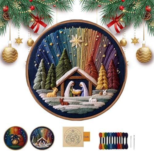 DIY Nativity Embroidery Set – Stitch The Holy Story, Complete Nativity Embroidery Kit with Pre-Printed Fabric, Christian Embroiderys Kit for Adults Beginner, Christmas Cross Stitch Kits (#2)