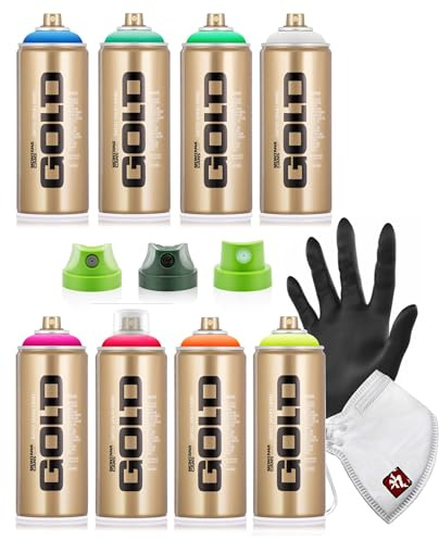 Montana GOLD PRO Sprühdosen Set 400 ml – 8 Farben Neon Grün Pink Orange Blau Rot Gelb Cyan Weiß – inkl. 3 Ersatzsprühköpfe, Schutzmaske & Nitrilhandschuh – Spray Paint für Graffiti, Street Art und DIY