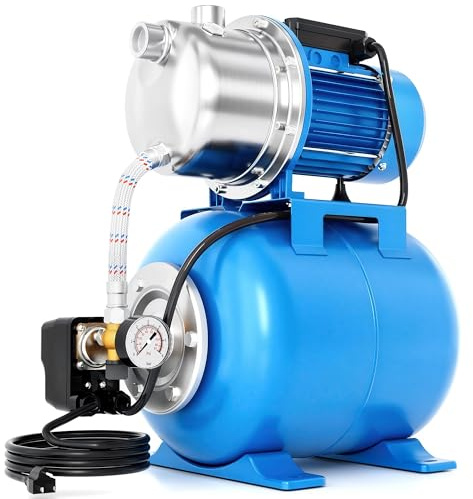 FOTING Grupo de presión INOX - Equipo de presión con depósito 24 L y manómetro (1100 W, caudal 4600 l/h, presión 4,5 bar, altura máx. 45 m, para hogar y jardín, protección sobrecarga)