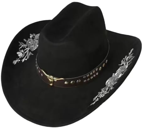 CutitiUU Embroidered Suede Western Cowboy Hat Panama Hats Cowboy & Cowgirl Hats Felt Wide Brim Cowboy Hat with Embroidered Flowers for Women Men,Fashionable and Stylish