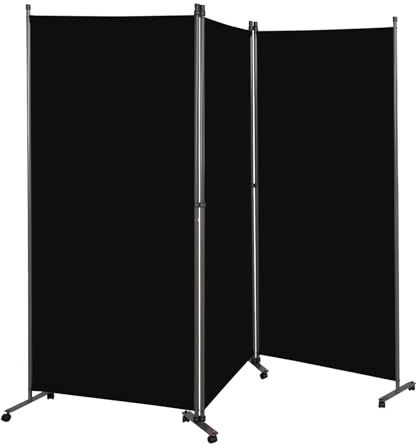 Angel Living 3 Panels Folding Room Divider, Privacy Screen Composed of Polyester Fabric and Sturdy Iron Frame, Freestanding Room Partitions for Office Bedroom Study 243x50x180cm (Black)