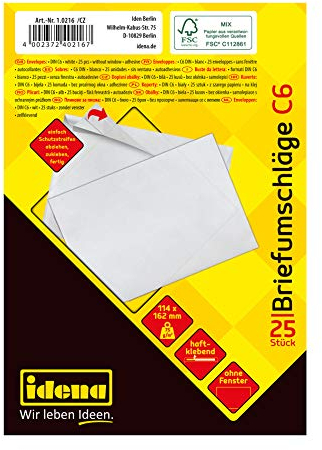 Idena 10216 - Briefumschläge ohne Fenster DIN C6, 25 Stück haftklebend, Umschläge aus 75 g/m² FSC-Mix Papier in Weiß