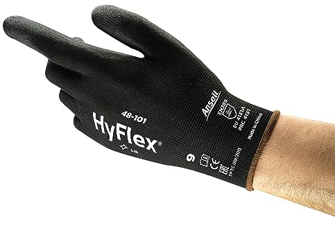 Ansell HyFlex 48-101 Guanti da Lavoro Sottili, Fodera Elastica con Rivestimento in Poliuretano, Protezione Professionale per Usi Generali e Manipolazioni Delicate, Nero, Taglia M (12 Paia)