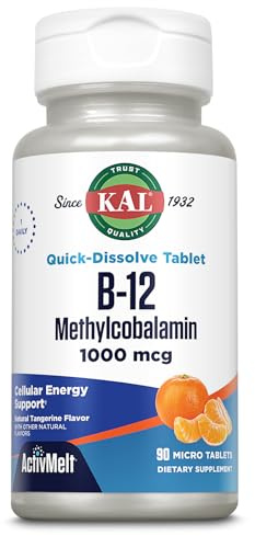 KAL Vitamin B12 Methylcobalamin 1000mcg, Healthy Energy, Metabolism, Nerve & Red Blood Cell Support,* Fast Dissolve ActivMelt, Optimal Absorption, Natural Tangerine Flavor, 90 Servings, 90 Micro Tabs