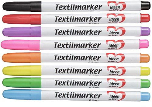 Ideen mit Herz Textilstifte, unterschiedliche Farben, 8 Stück | Stoffmalstifte, permanente Textilmarker | T-Shirts, Taschen, Kissenhüllen, Textilien, Stoffe bemalen | DIY | auf Wasserbasis (3 mm)