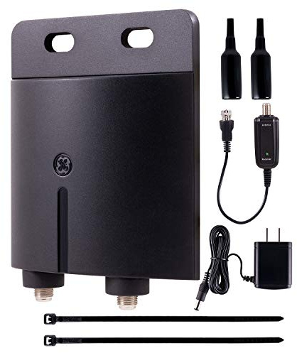 GE Pro Outdoor Antenna Amplifier, Low Noise Antenna Signal Booster, Clears Up Pixelated Low-Strength Channels, Supports HD Smart TV VHF UHF – 42179