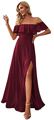 Ever-Pretty Damen Schulterfrei Rüschen Dekolletiert Chiffon Hohe Taille Elegant Maxi Abendkleider Burgund 38