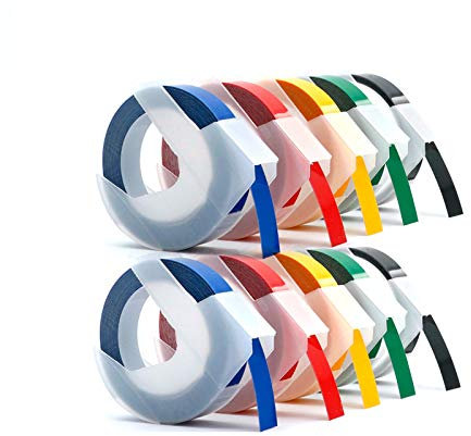 Dymo Präglingstejp BETOOL 5-rullar 3D-präglingstejp självhäftande präglingsetiketter, 9 mm x 3 m, vitt tryck på röd/svart/blå/guld/silver, 5-pack olika färger