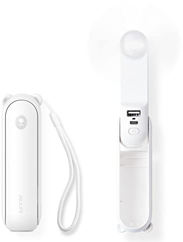 JISULIFE Mini Handventilator, 3-in-1 Handventilator, wiederaufladbarer USB [12–19 Betriebsstunden] mit Powerbank, Taschenlampe, tragbarer Ventilator für Reisen/Sommer, Geschenke für Frauen-Weiß