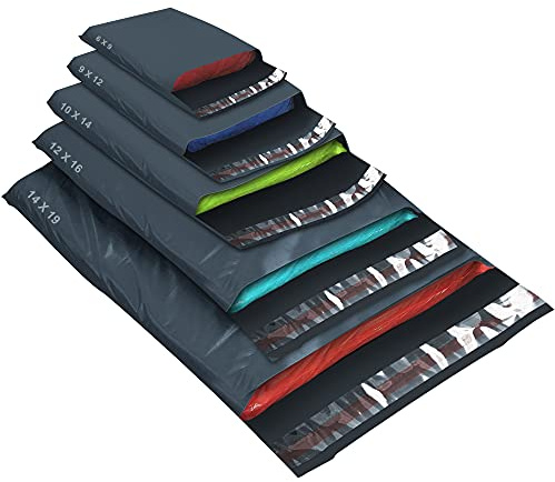 50 Mixed Size Grey Mailing Bags, Self Seal Strong Waterproof Poly Plastic Envelopes for Parcels, Packaging, Small, Medium, Large Mail, Shipping Courier Delivery Bags 5 Sizes, Grey
