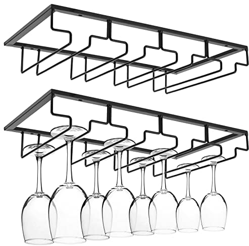 ZEONHAK 2 Pack 4 Rows Wine Glass Rack Under Cabinet, Black Hanging Stemware Storage Hanger for Kitchen, Bar, Cupboard - 40 x 22.5cm