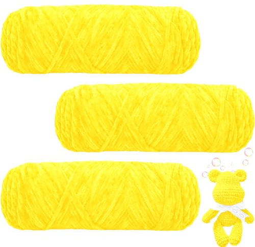 Maxee 300g(3×100g) Samtig Babywolle, Samt Wolle, Samt Chenille Garn, Kuschelweich Chenillegarn, Flauschige Weich Plüschwolle, Häkelgarn Wolle Zum Stricken & Häkeln-warmes gelb