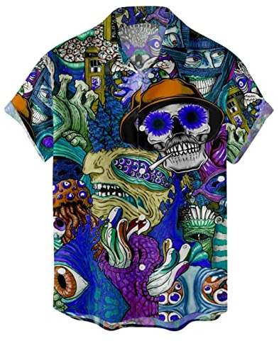 Camicia Coreana Elegante Uomo - T-Shirt Estiva Slim Fit in Cotone Elasticizzato e Lino Hawaiana Vintage con Gemelli - Fantasia Manica Corta