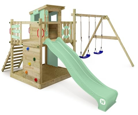 WICKEY Spielturm Klettergerüst Smart Camp mit Schaukel & pastellgrüner Rutsche, Outdoor Kinder Kletterturm mit Sandkasten, Leiter & Spiel-Zubehör für den Garten