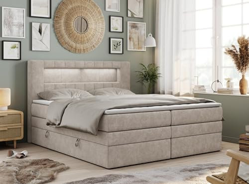 MKS MEBLE Boxspringbett 180x200 mit Led Beige, Polsterbett mit LED Kopfteil, Multipocket Matratze H4, Doppelbett mit Bettkasten Stauraumbett - GOLD-5-KING - Struktur Beige