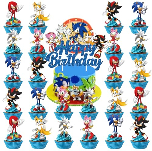 25Pcs Cake Toppers, So-nic Cake Decorations, Hedgehog Birthday Party Cake Decorations Supplies for Boys Kids