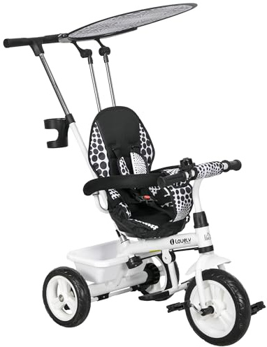 HOMCOM Tricycle Enfants Pare-Soleil Pliable Canne Amovible Benne Rangement 105 x 47 x 98 cm Acier Blanc et Noir