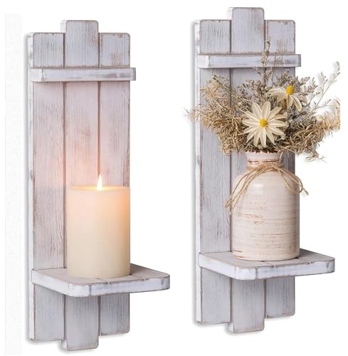 Farmhouse Candle Sconces Wall Decor: Set of Two Rustic Wood Wall Candle Holder - Distressed White Candle Sconces for Bedroom Living Room Bathroom