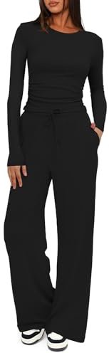 Darong Women's 2 Piece Sets Fall Outfits Long Sleeve Wide Leg Tracksuits Casual Sweat Sets Lounge Set 9065A Black L